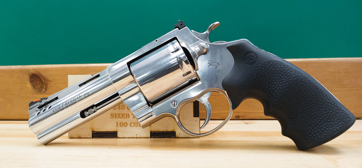 The Colt Kodiak is technically a reintroduction  of a slicked-up and ported Colt Anaconda revolver  chambered in 44 Magnum, it is offered in either a  41⁄4-inch barrel (shown in photo) or a 6-inch barrel.  It features a fully adjustable rear sight and a  replaceable red insert on the ramped front sight.